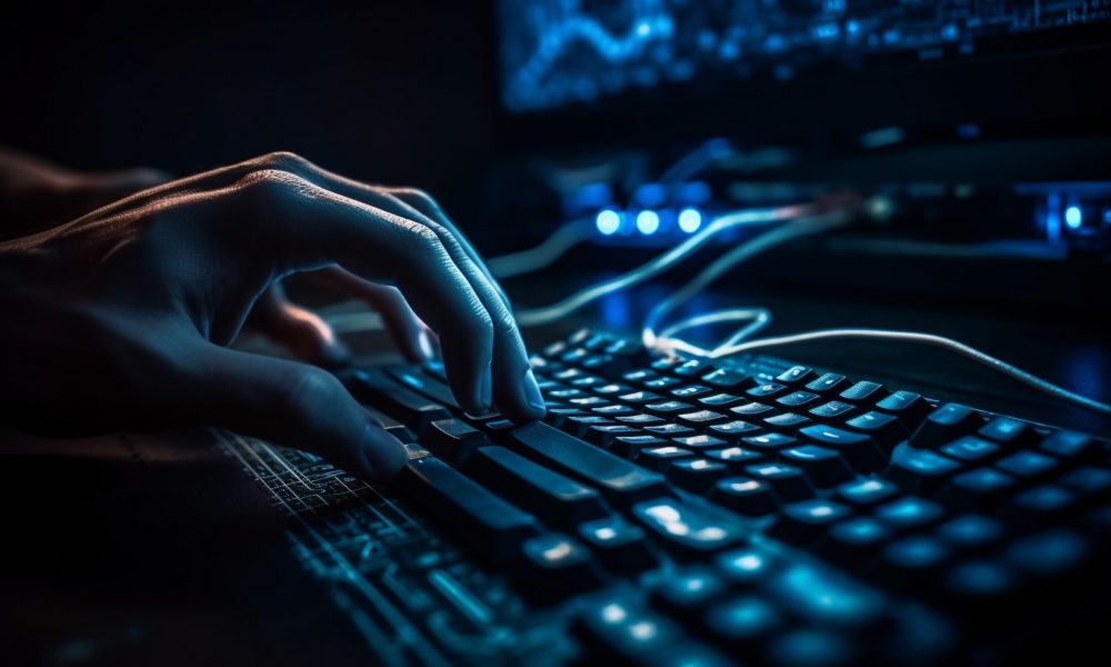 Human hand typing on computer keyboard at night generated by artificial intelligence