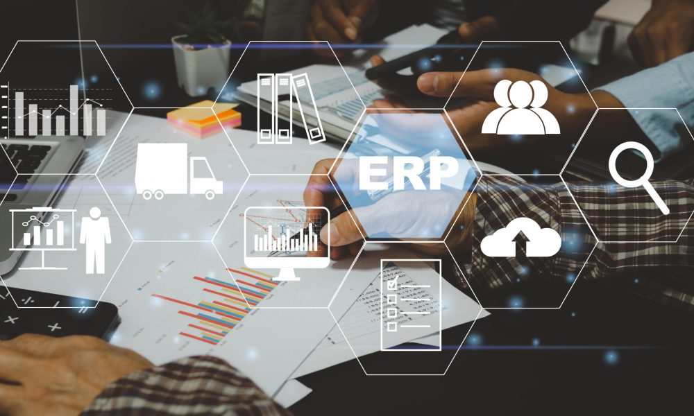 Enterprise Resource Planning (ERP) Software system for business resource plans. business people and financial and digital technology concept  icons on virtual screen.