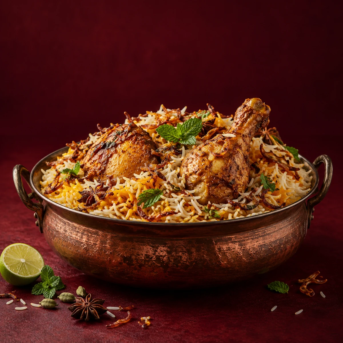 Fragrant chicken biriyani with saffron rice, fried onions and fresh mint, served in a copper handi